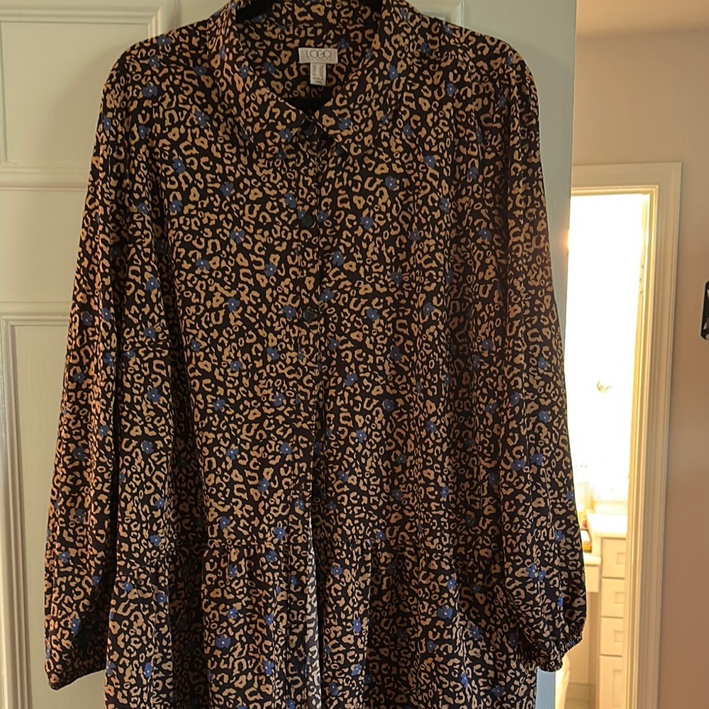 Logo Women's Leopard Print Blouse - Black and Brown with blue floral.